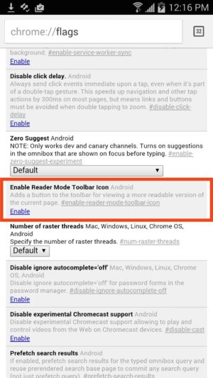 Android Enable Reader in Chrome