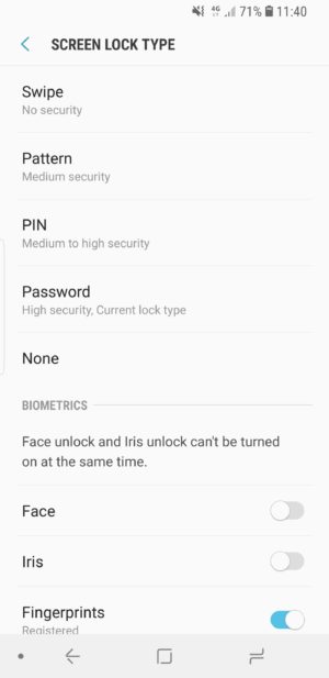 Screen lock type Fingerprints android phone