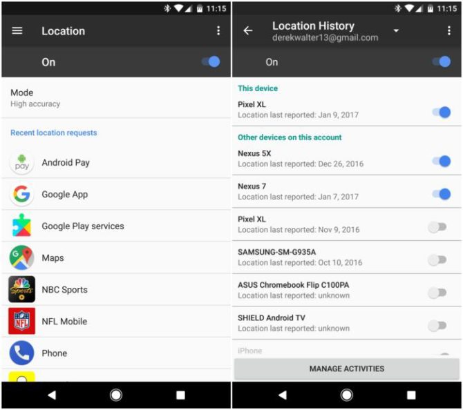 Settings Personal Location history google android