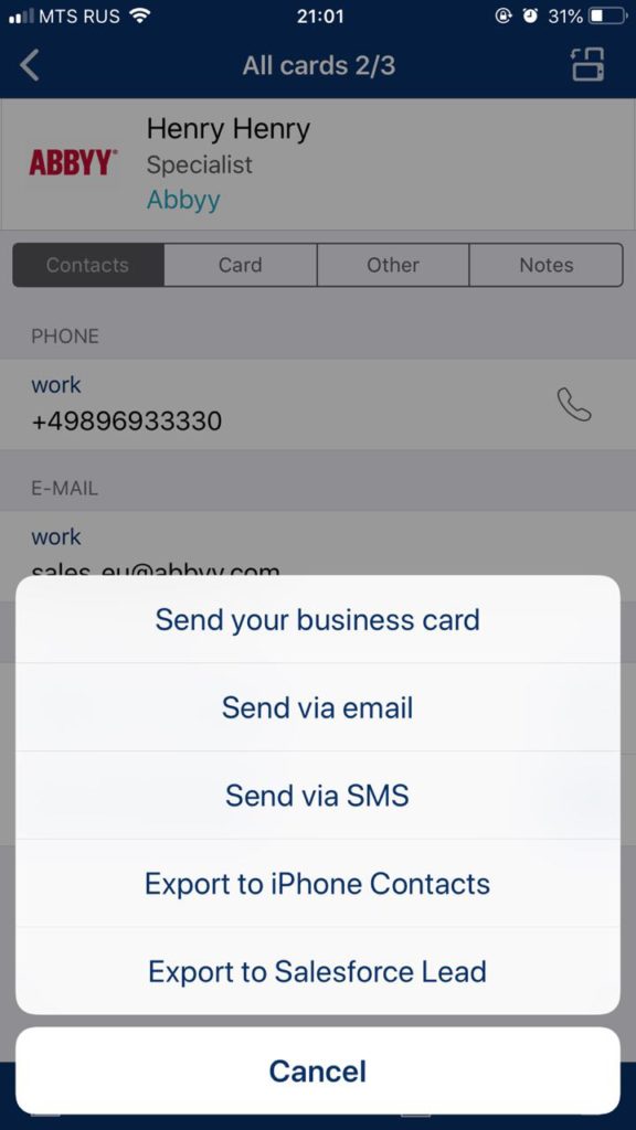 Add BCR-stored business cards Contacts ios