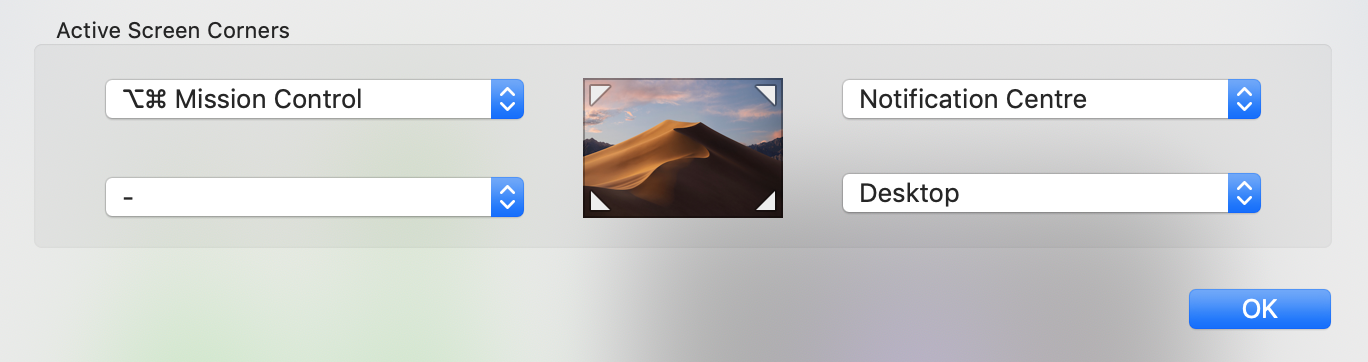 hot corners settings on mac os