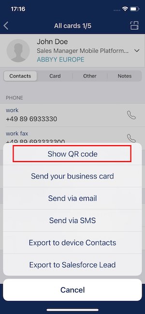 Share contacts via QR Code - BCR iOS